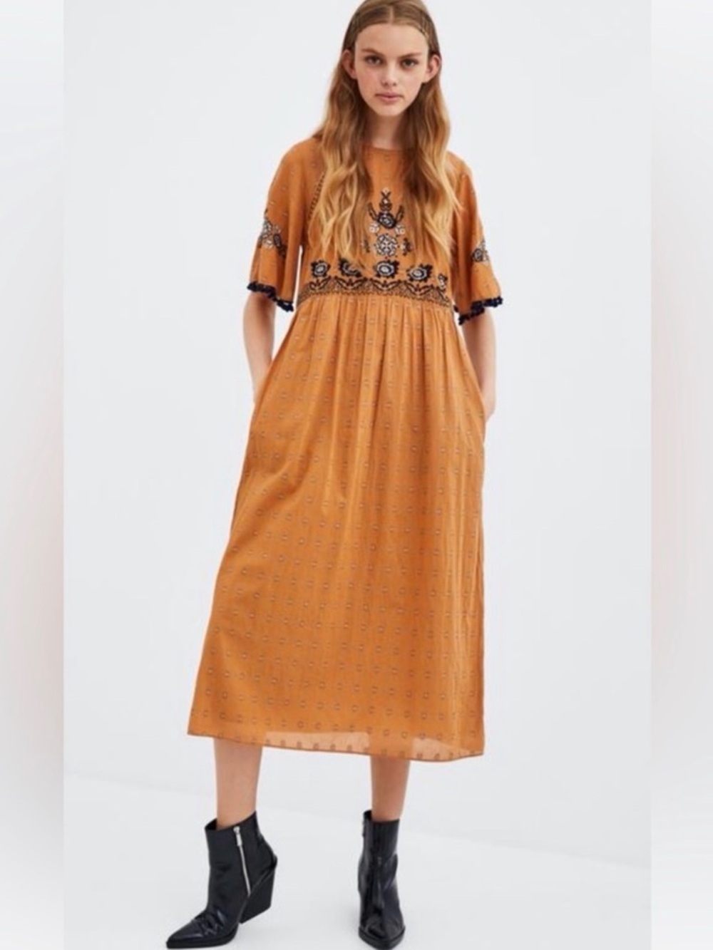 Zara TRF Embroidered Boho Maxi Dress Mustard Yellow Pom Pom Trim Pockets XS